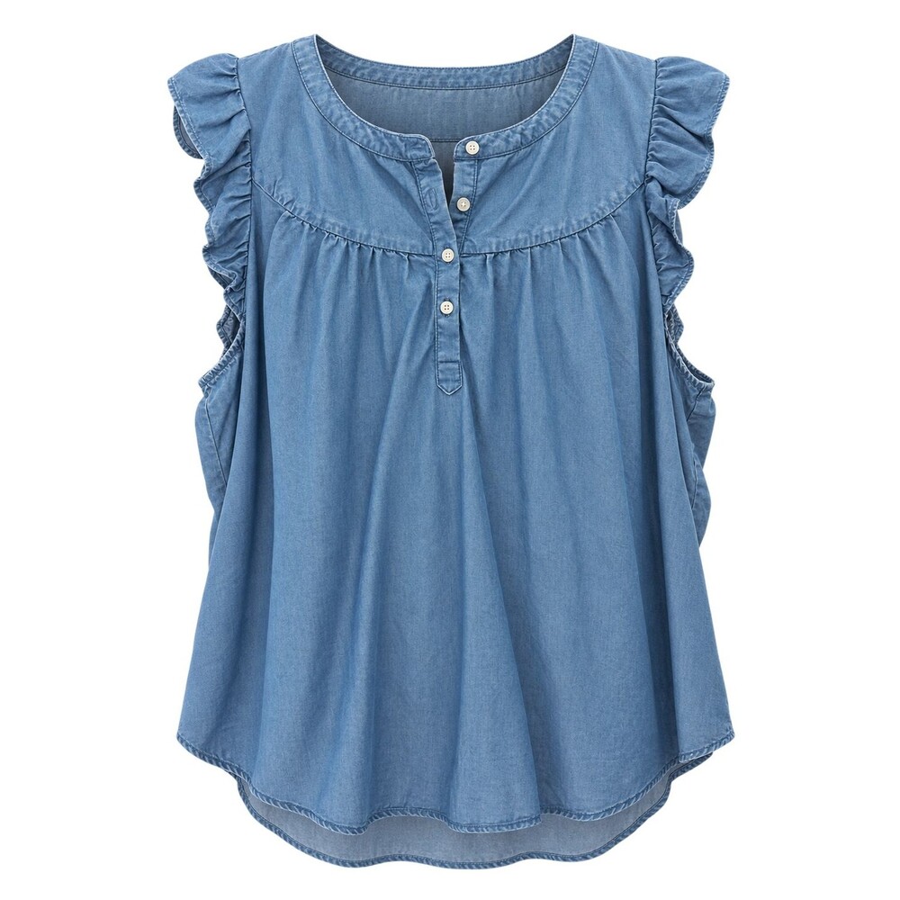 LOFT Chambray Ruffle Sleeve Pleated Blouse Top Sz XL Blue Lyocell Casual Office